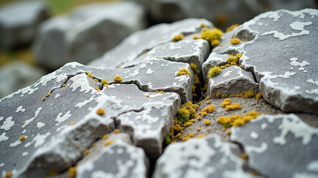 Detailed close-up photograph of limestone pavement showing natural fissures, small holes, and weathered texture with lichen and moss in crevices