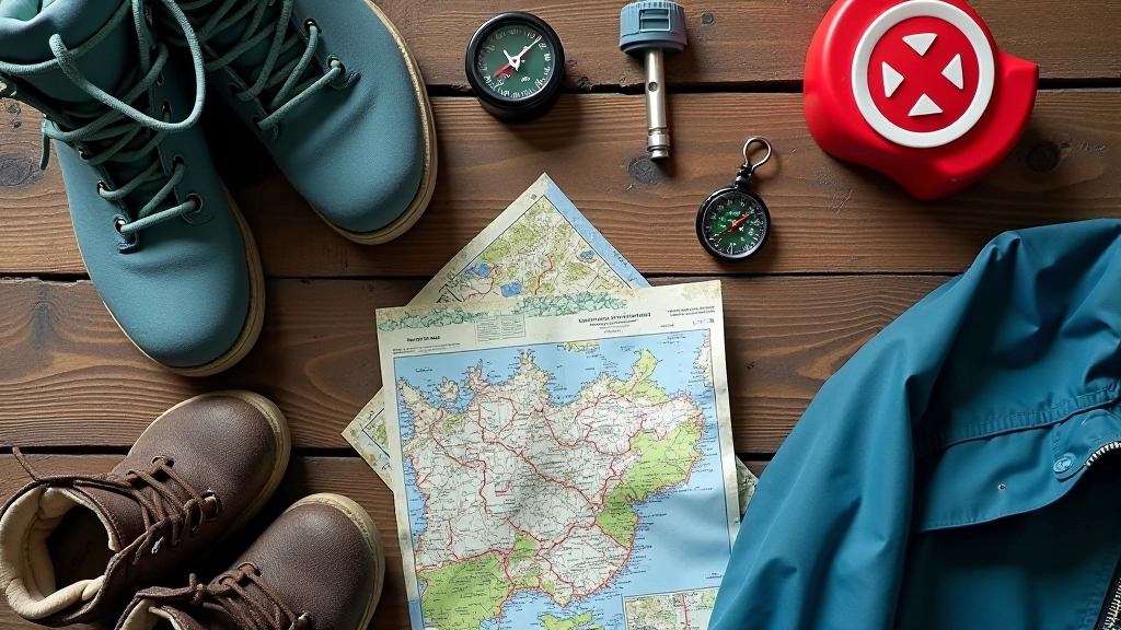 Hiking gear laid out on wooden surface including boots, waterproof jacket, water bottle, map, and compass for outdoor trail preparation