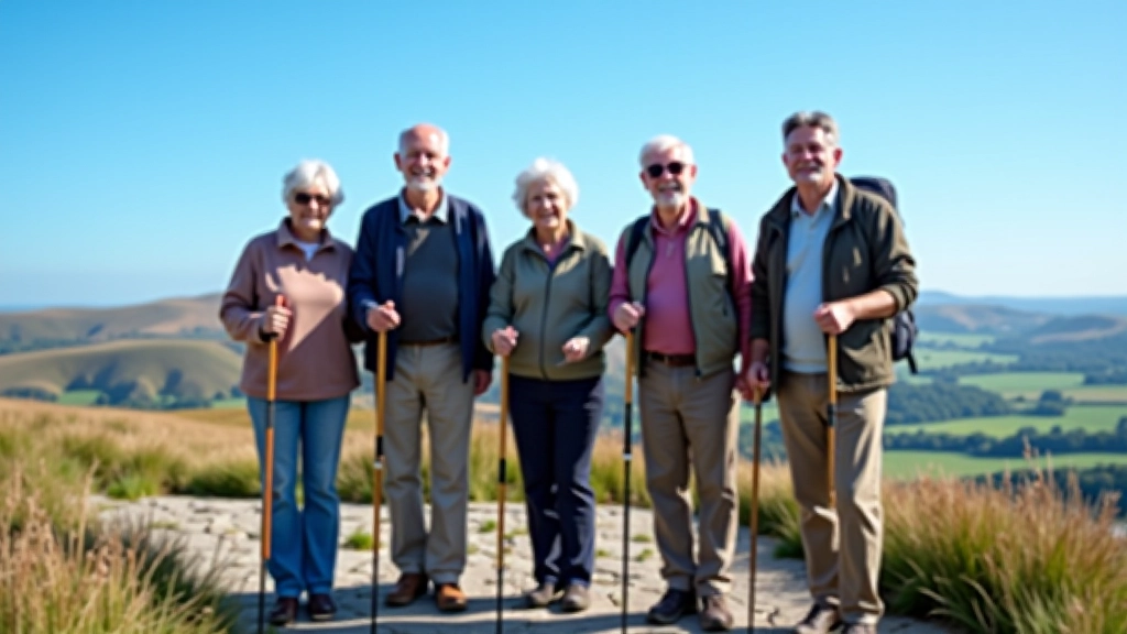 Group of senior hikers wearing waterproof jackets and hiking boots, standing together on a rocky plateau with landscape behind them