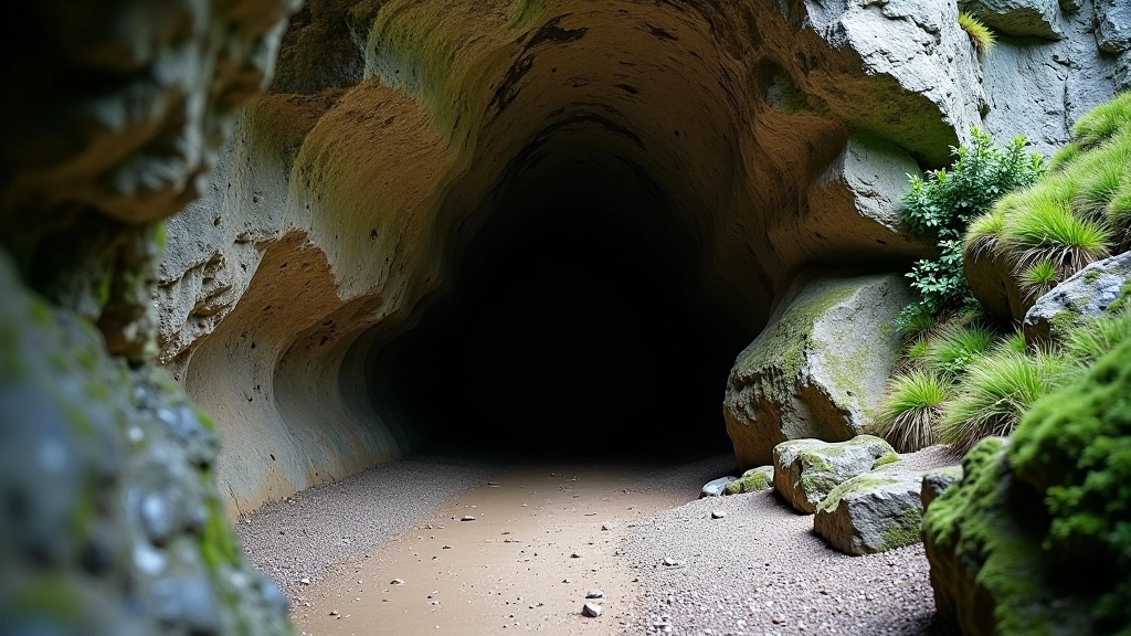 Photograph of a cave opening in limestone cliff face with natural light streaming in, showing dark cave interior and rocky terrain in foreground