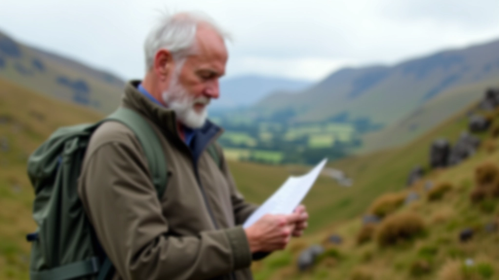Senior man studying topographic map outdoors with smartphone and hiking poles, landscape visible in background