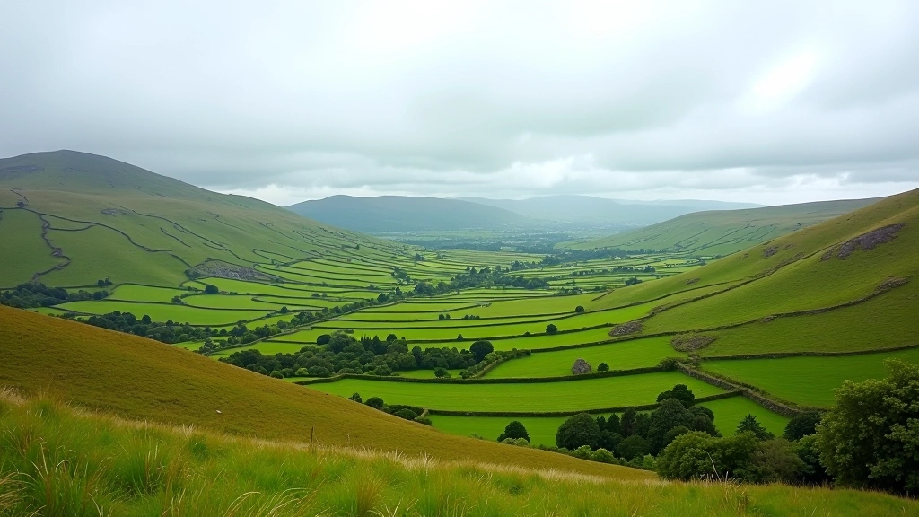 Panoramic view of the Caher Valley with limestone terraces and rolling green fields under partly cloudy Irish sky
