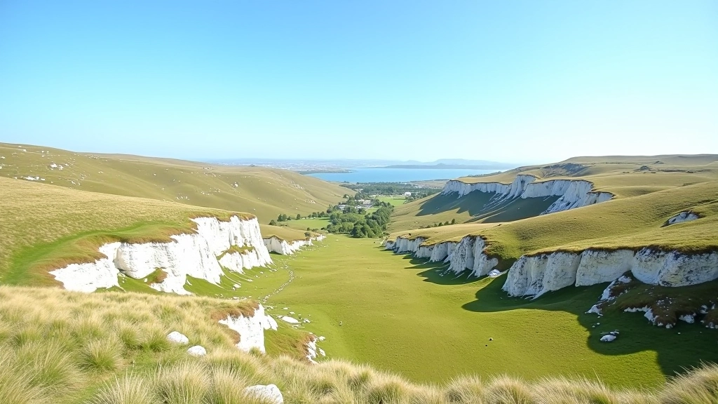 Limestone rock formations with green fields and distant hills under clear sky in the Burren plateau landscape
