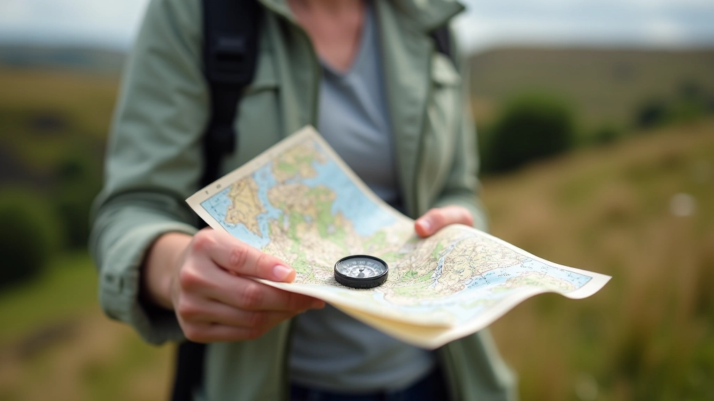 Hiker holding a laminated paper map and compass on the plateau with limestone terrain stretching behind