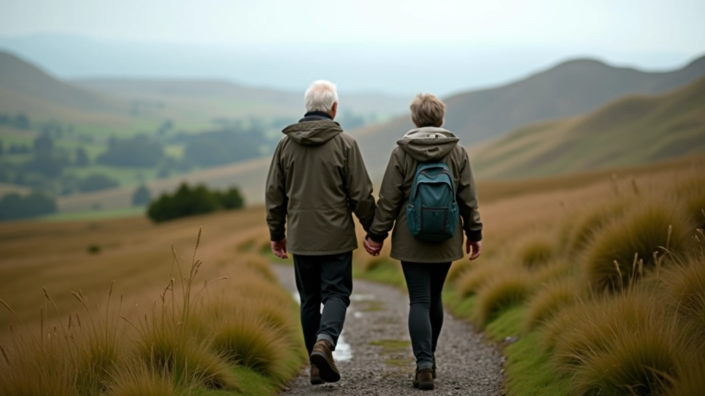 Senior couple standing together on hillside path with valley vista behind them, both smiling and enjoying the outdoor scenery