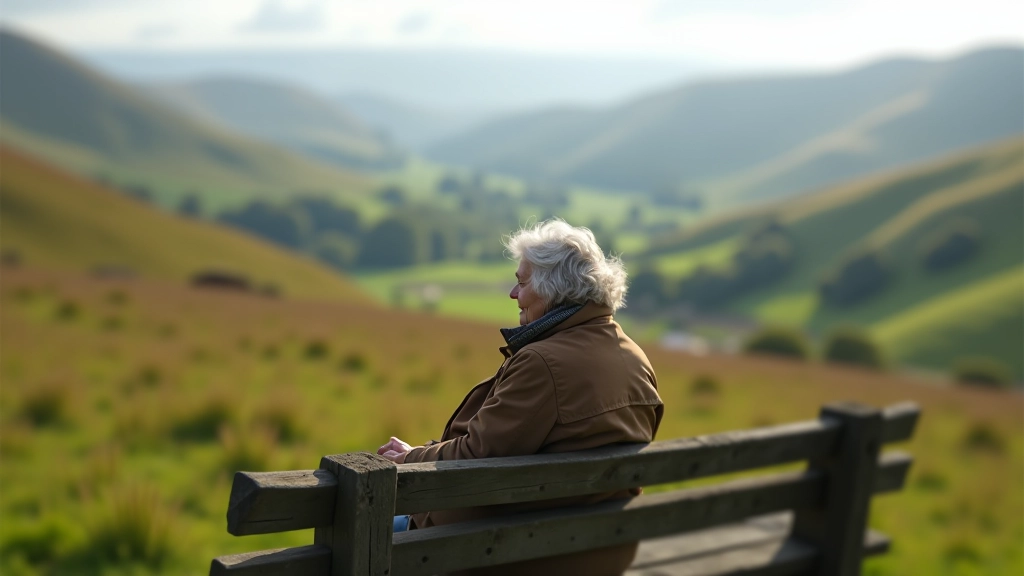 Senior hiker resting on a wooden bench overlooking the Caher Valley with green fields and distant hills in County Clare