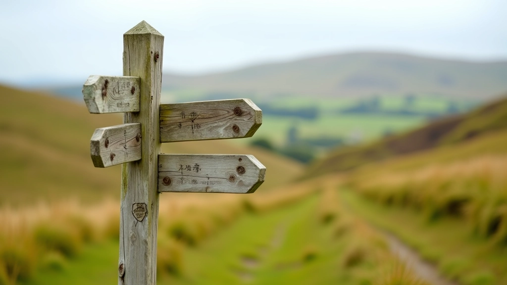 Wooden hiking trail sign post with directional arrows mounted on weathered wooden pole in rural Irish countryside