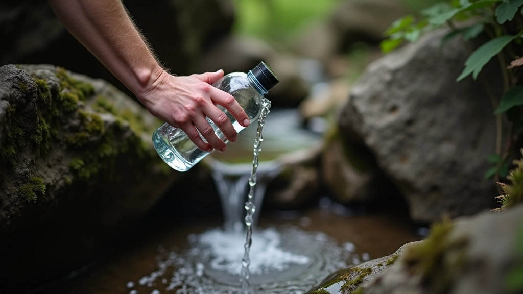 Senior woman refilling water bottle from a mountain spring with clear water running over limestone rocks