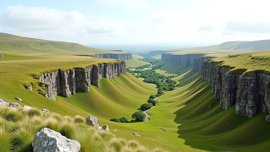 Wide panoramic view of the Burren plateau showing exposed limestone pavement, dry stone walls, and sparse vegetation stretching to the horizon under clear sky