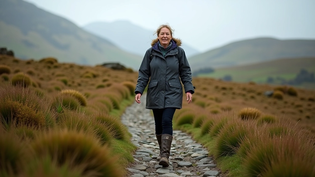 Woman hiking on rocky limestone path wearing hiking boots and waterproof jacket, green countryside visible in background